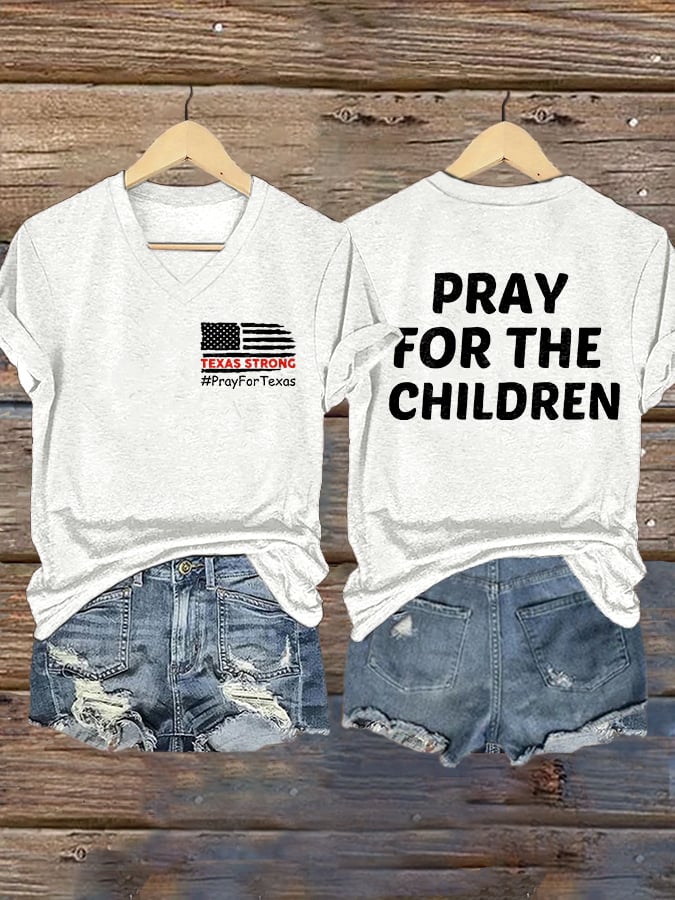 V-Neck Retro Texas Strong Pray For Texas Pray For The Children Print T-Shirt