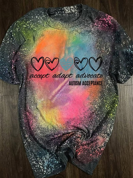 Women's Accept Adapt Advocate Autism Acceptance Printed Short-Sleeved T-Shirt