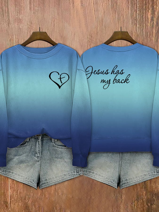 Women's Jesus Has My Back Printed Round Neck Sweatshirt