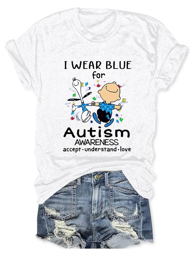 Round Neck Autism Awareness I Wear Blue For Autism Print T-Shirt