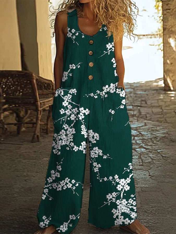 Fashionable And Casual Cotton And Linen Floral Art Jumpsuit