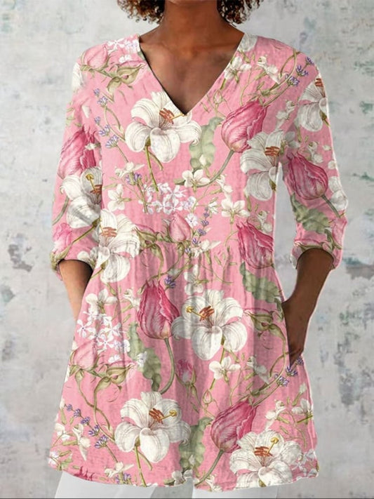 Women's Elegant Lily Floral Cotton and Linen Top