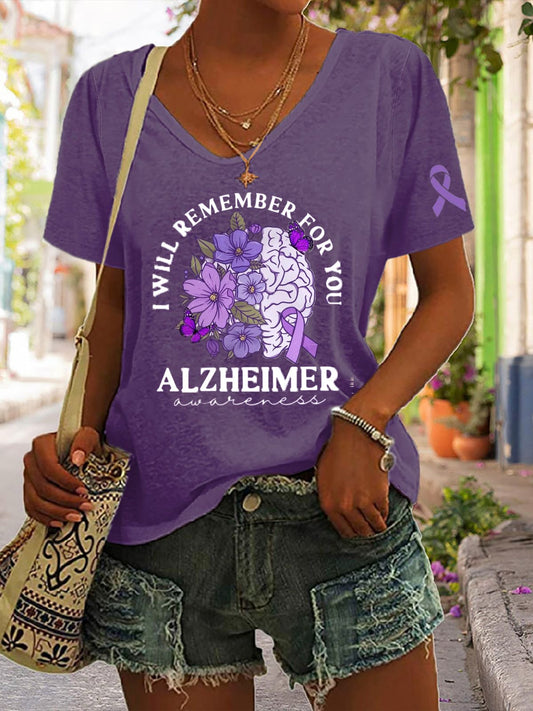 Women's Alzheimer's Consciousness Printed V-neck T-shirt