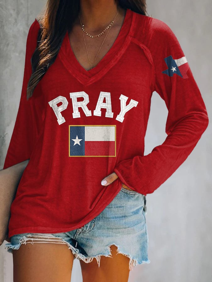 V-neck Retro Pray For Texas Texas Strong Print T-Shirt