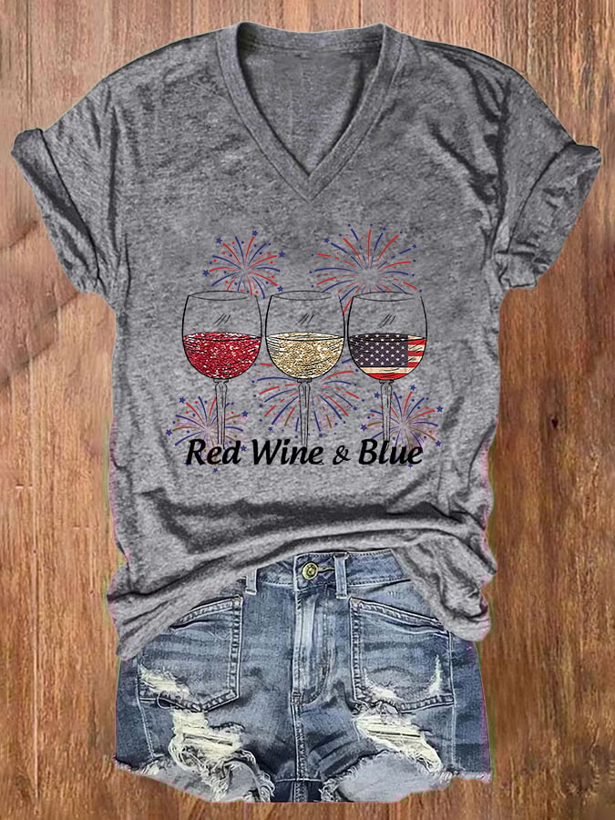🔥Last Day 49% Off🔥Women's Red Wine and Blue Print T-shirt