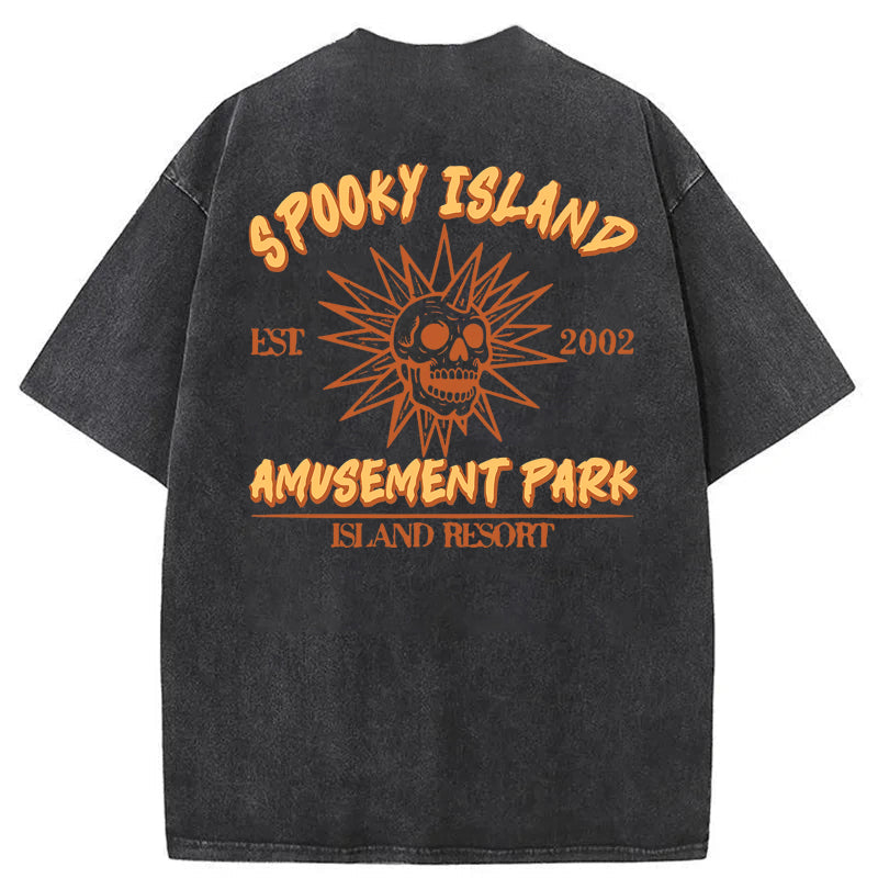 Spooky Island Cartoon Halloween Washed Cotton T-Shirt