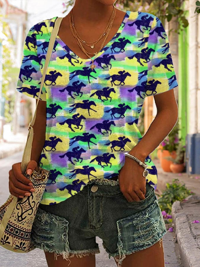 Women's Retro Kentucky Derby Print V-Neck T-Shirt