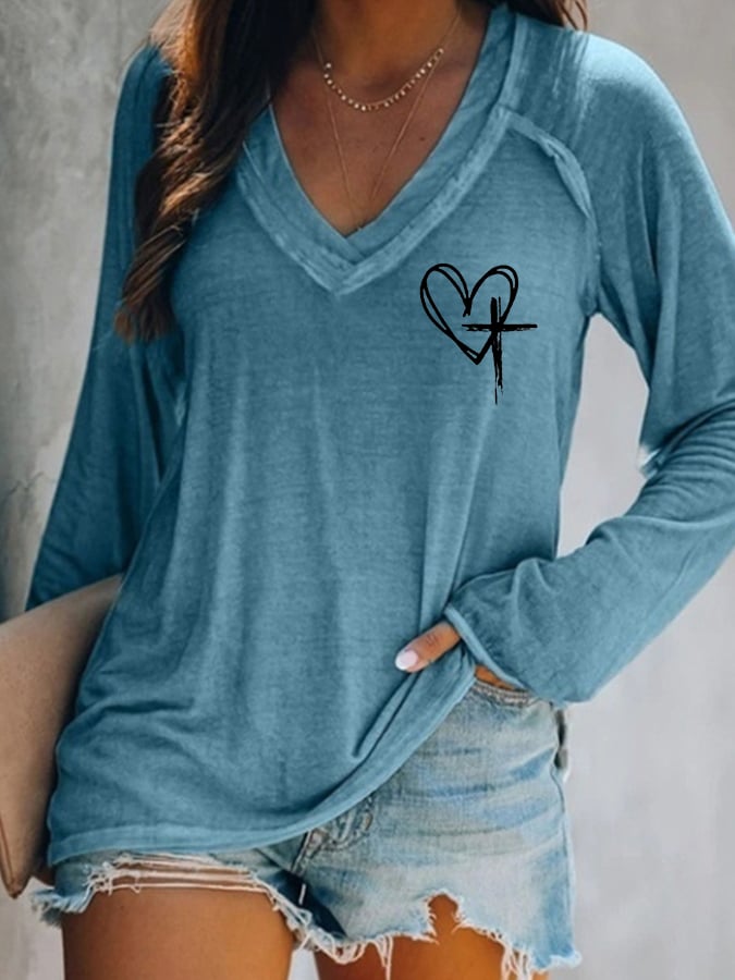 Women's Love Like Jesus Jesus Has My Back Casual V-Neck Long-Sleeve T-Shirt