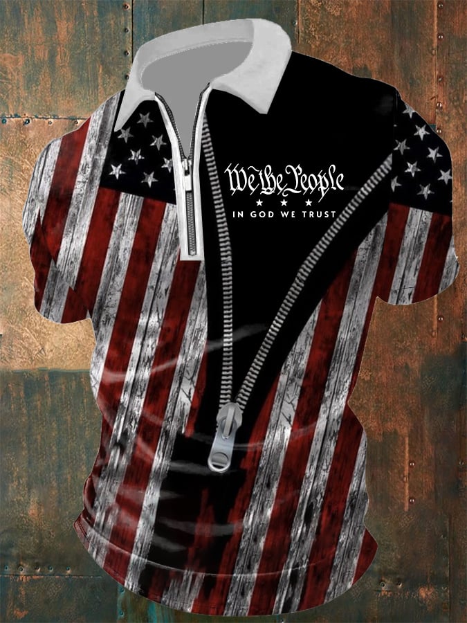 Men's Vintage Flag We The People Print Short Sleeve POLO Shirt