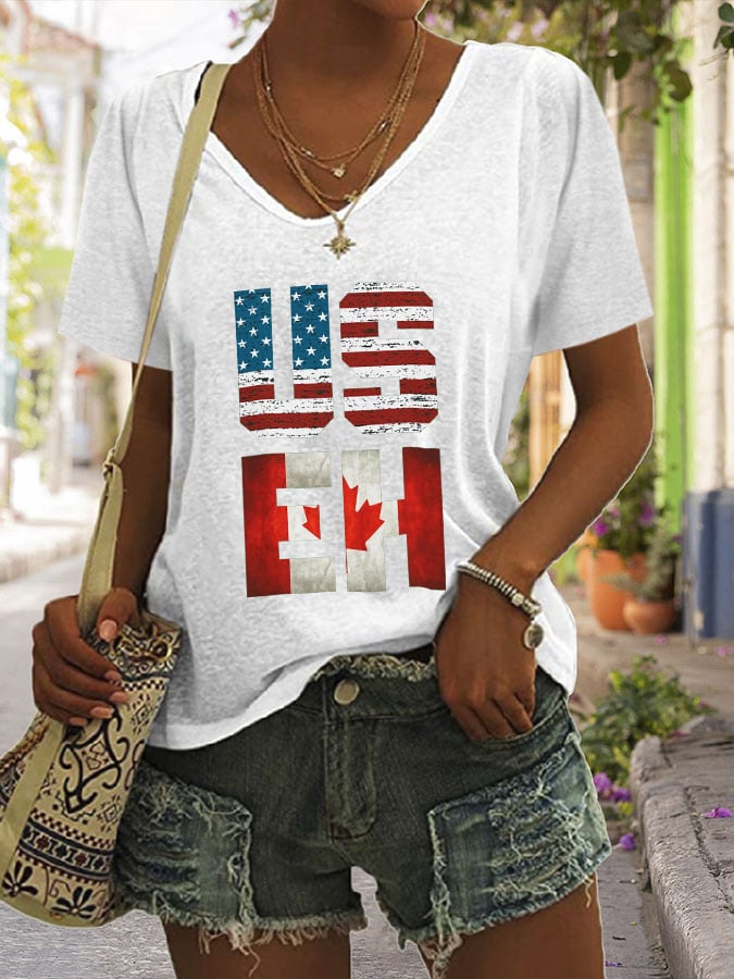 Women's Casual Canada Day Graphic Print V-Neck Short Sleeve T-Shirt