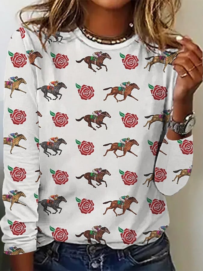Women's Derby Horses Print Crew Neck T-Shirt