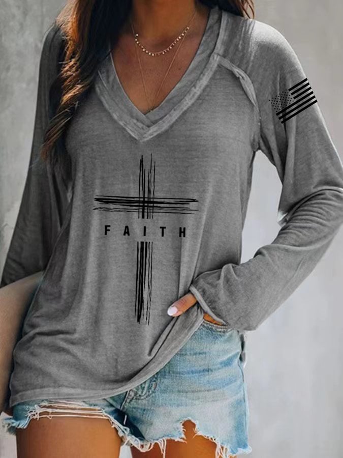 Women's Vintage Faith Flag Print V-Neck T-Shirt