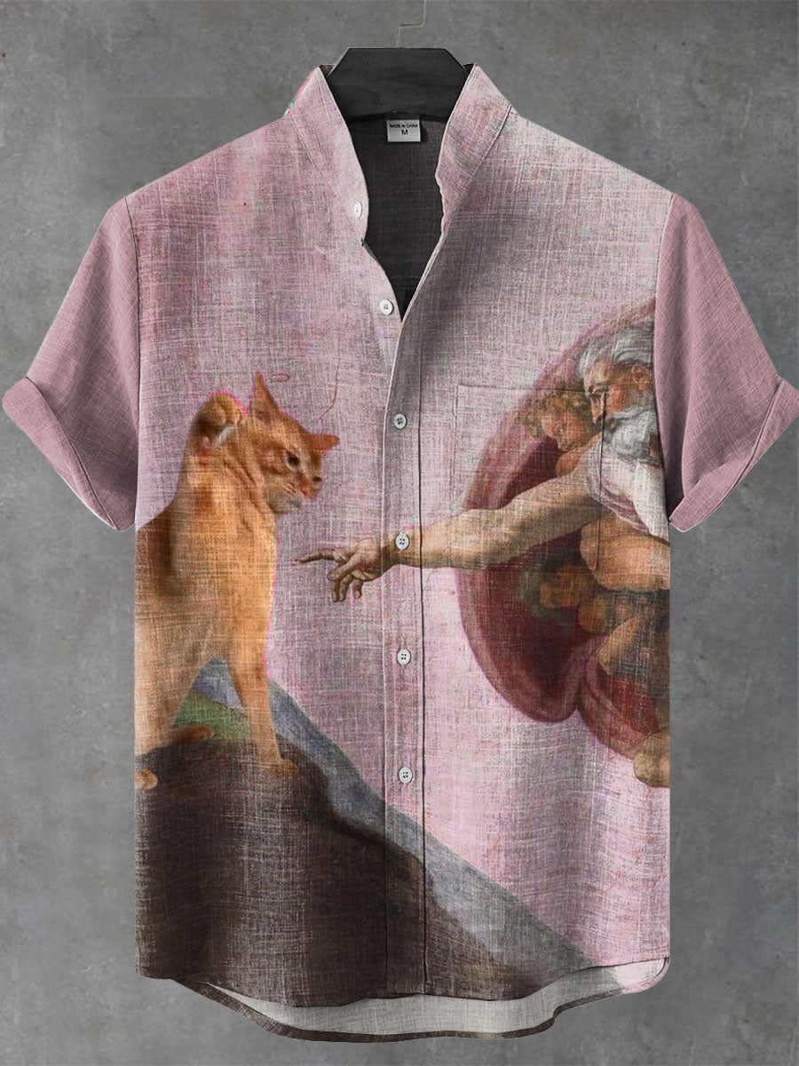 VIntage Funny Cat Art Print Casual 100% Cotton Shirt