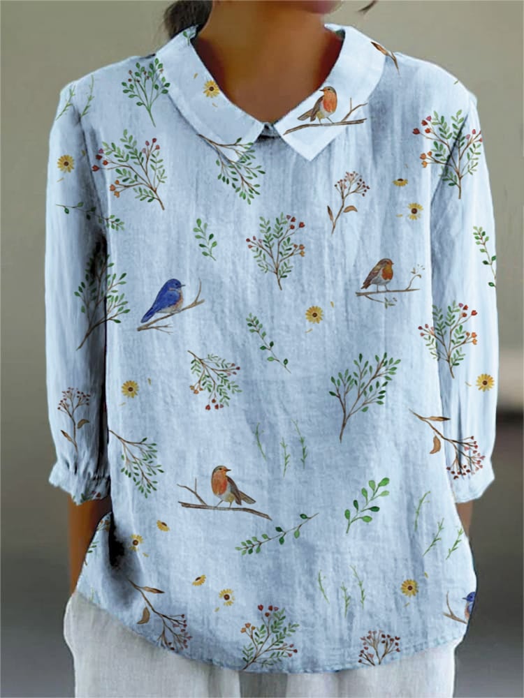 Women's Casual Retro Floral And Bird Print Shirt