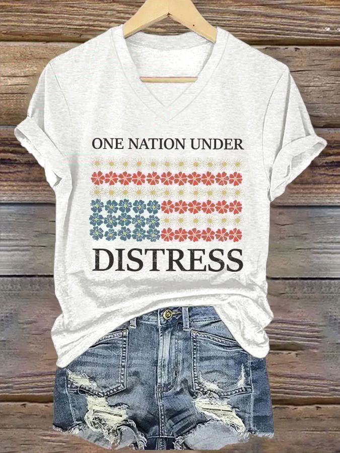 🔥Last Day 49% Off🔥V-neck Retro One Nation Under Distress Print T-Shirt