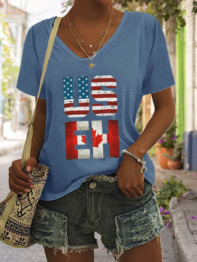Women's Casual Canada Day Graphic Print V-Neck Short Sleeve T-Shirt