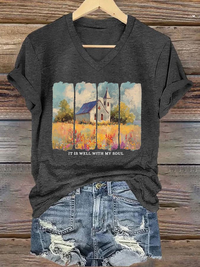 Women'S Casual It Is Well With My Soul Wildflower Christian Bible Verse Print Short Sleeve T-Shirt