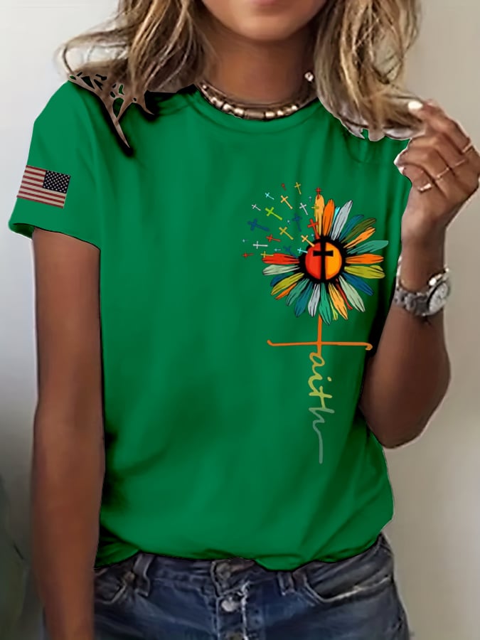 Women's Faith Sunflower Flag Print T-Shirt