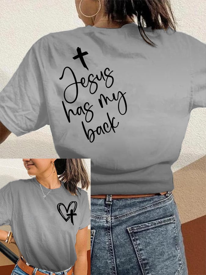 Women's Jesus Has My Back Print Round Neck T-Shirt