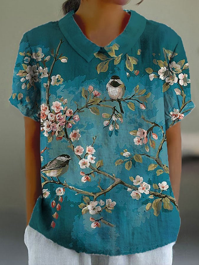 Women's Vintage Artistic Floral Bird Print Cotton and Linen Casual Shirt