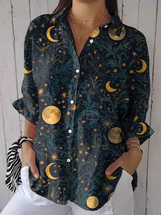 Women's Casual Retro Forest Print Cotton And Linen Shirt