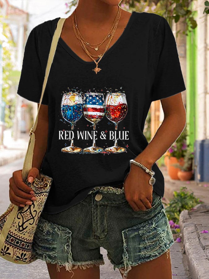🔥Last Day 49% Off🔥Women's Red Wine & Blue Print Casual T-Shirt