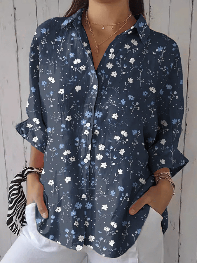 Women's Vintage Floral Print Casual Lapel Shirt