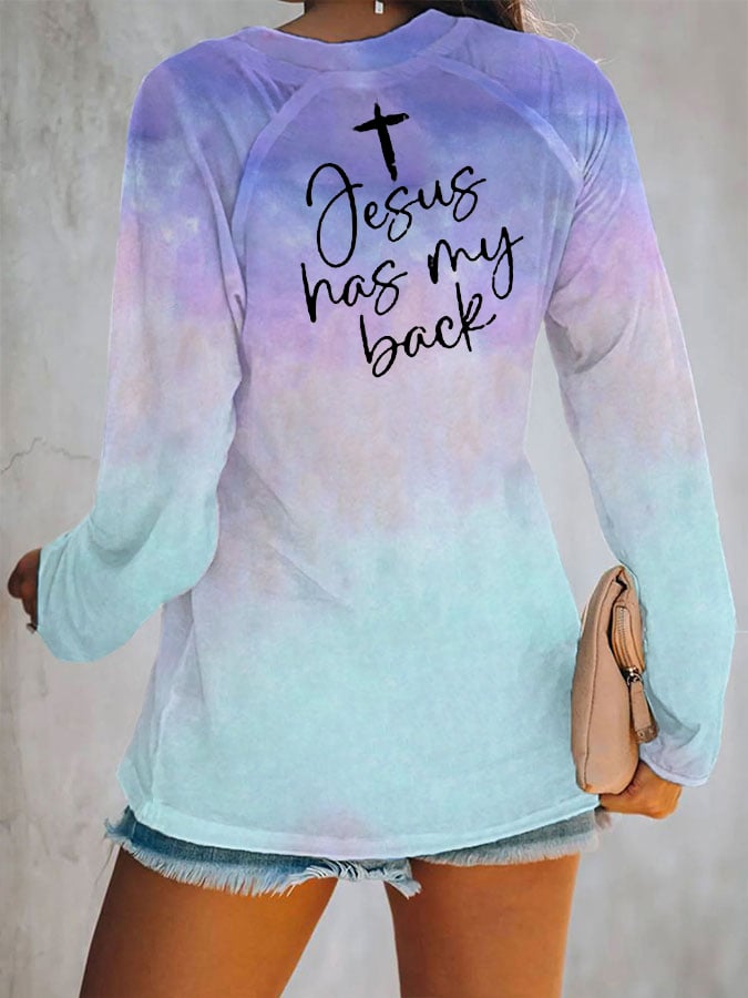 Women's Faith Love Like Jesus Jesus Has My Back Print V-Neck Long Sleeve T-shirt