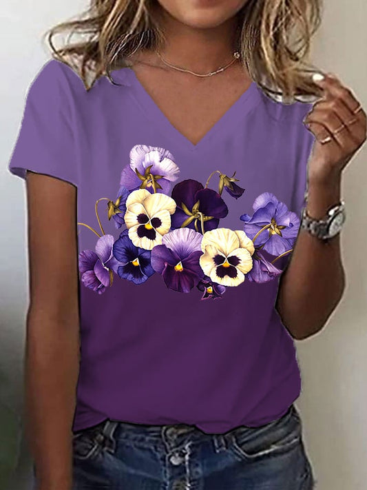 Women's Alzheimer's Purple Floral Print V-Neck T-Shirt