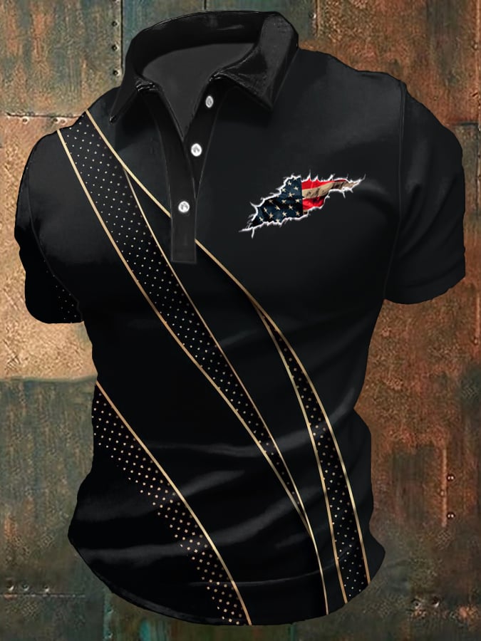 Men's Casual Independence Day Flag Print Polo Shirt