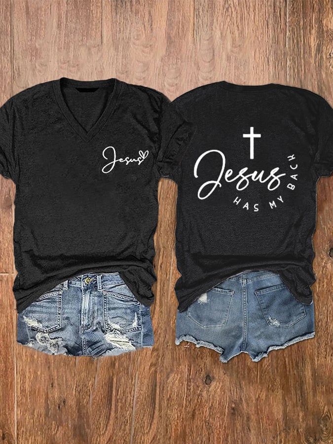 Women's Jesus Has My Back Printed V-Neck Tee
