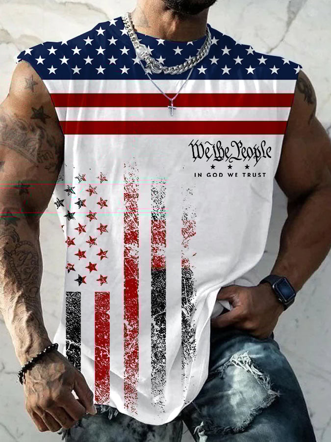 Men's Vintage Flag In God We Trust Print Round Neck Tank Top