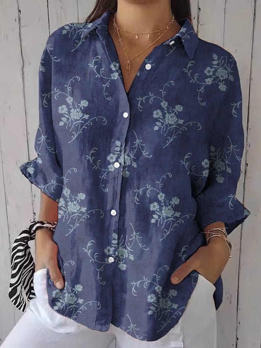 Women's Casual Vintage Blue Floral Art Print Shirt