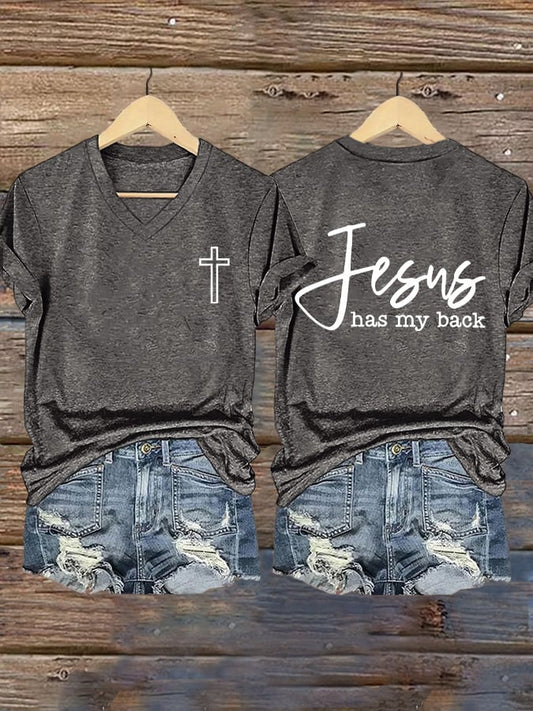 Women's Jesus Has My Back Printed Casual V-Neck T-Shirt