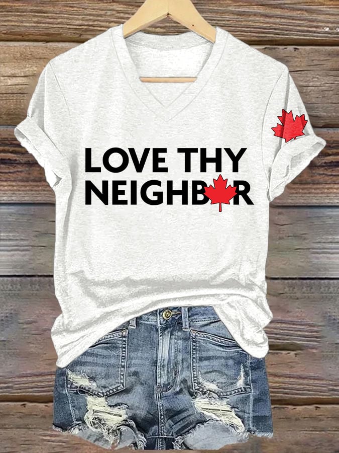 V-Neck Retro Love Thy Neighbor Canada Print T-Shirt