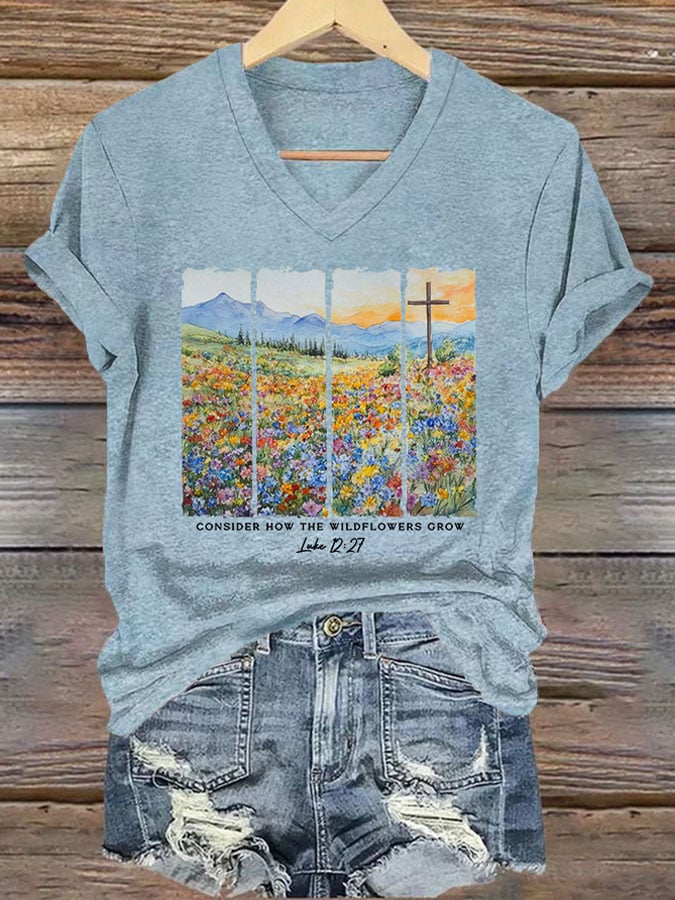 Women'S Casual Consider The Wildflowers Watercolor Aesthetic Christian Print Short Sleeve T-Shirt