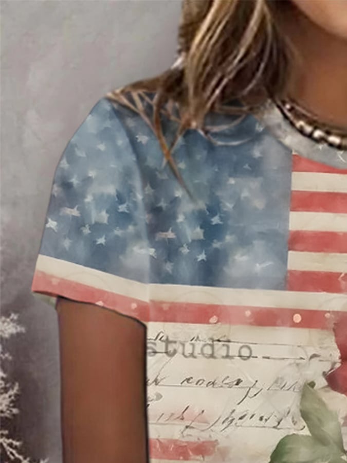 🔥Last Day 49% Off🔥Women'S Independence Day Round Neck Retro Floral Print Casual T-Shirt