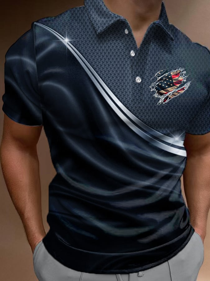 Men's Casual Independence Day Flag Print Polo Shirt