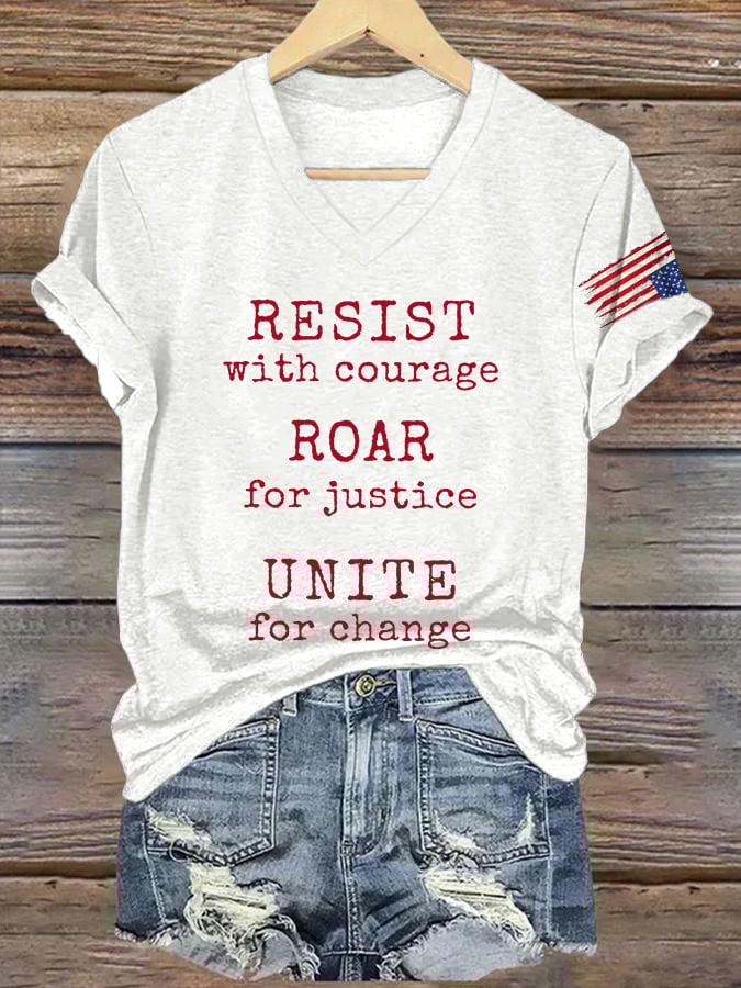 V-Neck Retro Resist With Courage Roar For Justice Unite For Change Print T-Shirt