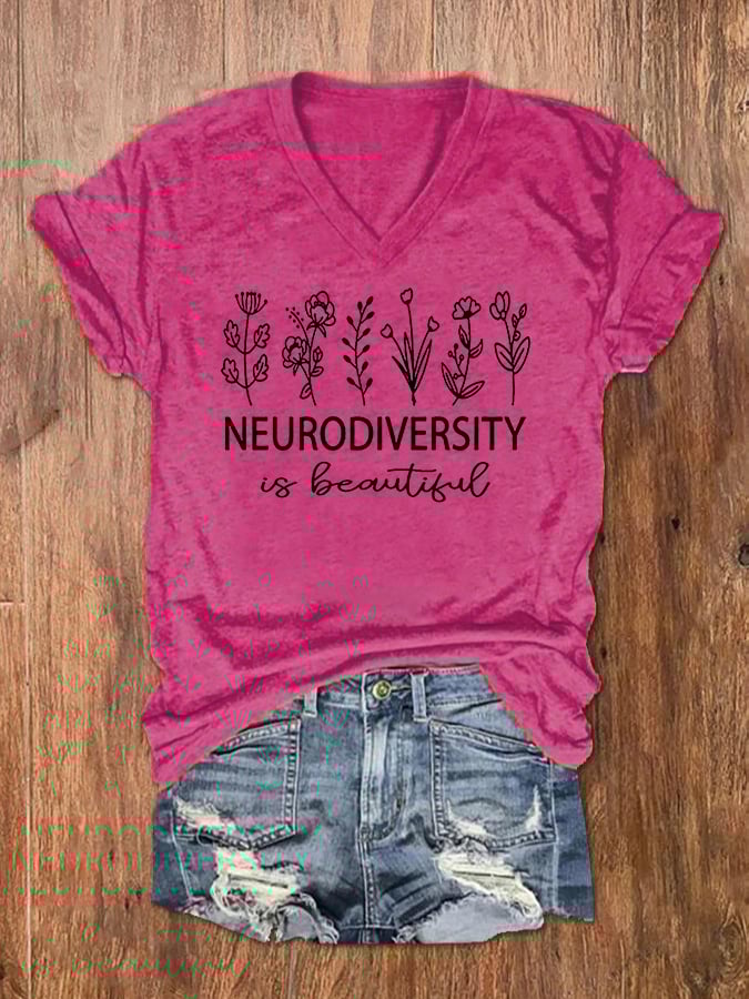 Women's Neurodiversity Autism Awareness Print V-Neck T-Shirt