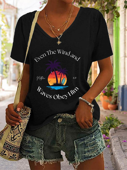 Women's Casual Christian Faith Bible Verse Palm Tree Print V-Neck Short Sleeve T-Shirt