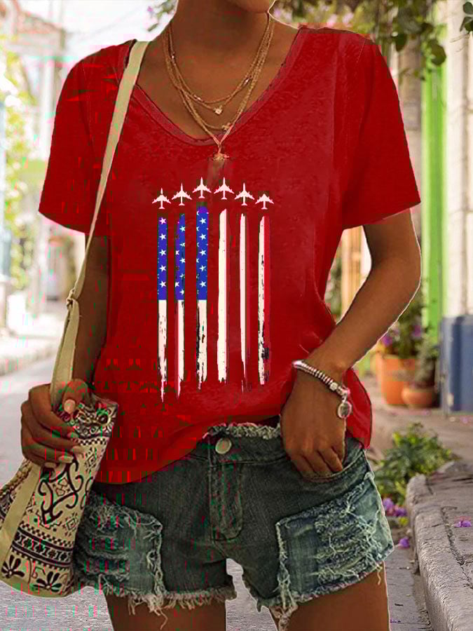 Women's American Flag Independence Day Print V-Neck T-Shirt