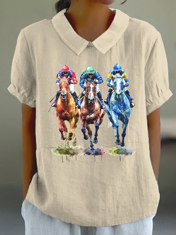 Women's Horse Racing Printed Doll Collar Casual Shirt