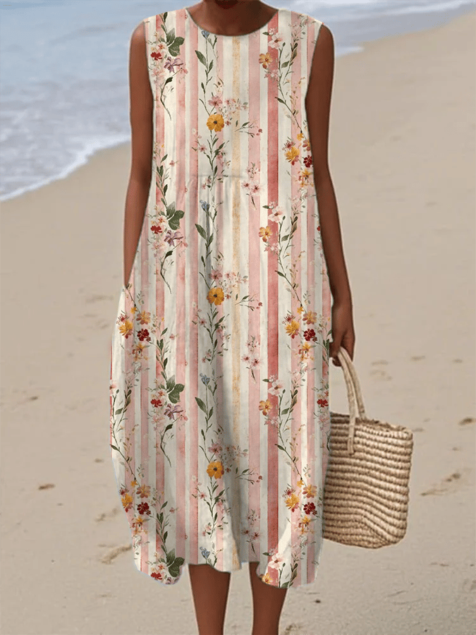 Women's Vintage Striped Floral Print Dress