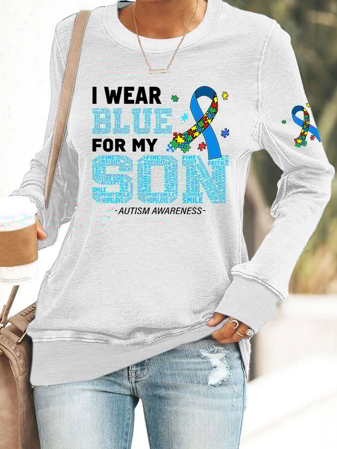 Women's Retro I Wear Blue For My Son Autism Awareness Printed Casual Sweatshirt