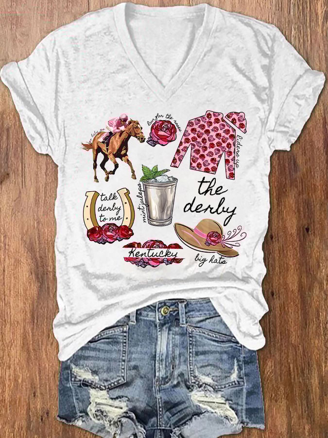Women's Derby Horses Print V-Neck T-Shirt