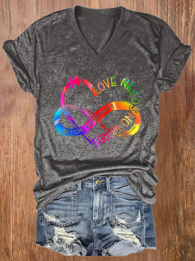 V-neck Retro Autism Awareness Infinity Puzzle Piece Heart Love Needs No Words Print T-Shirt