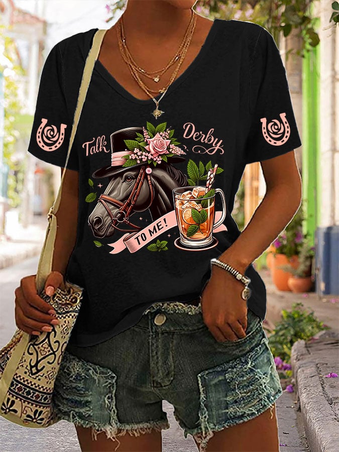 Women's Horse Racing Print V-Neck T-Shirt