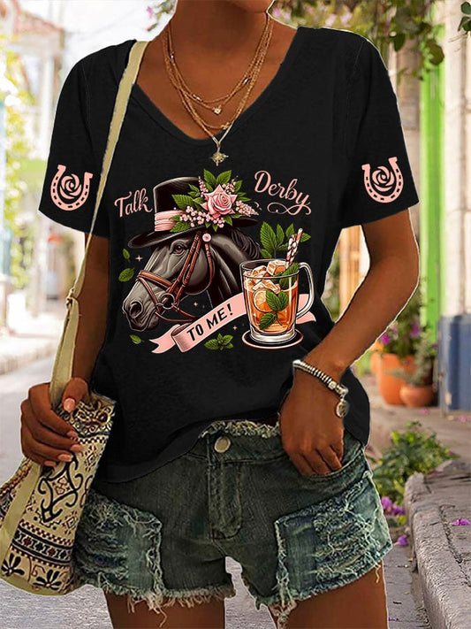 Women's Horse Racing Print V-Neck T-Shirt