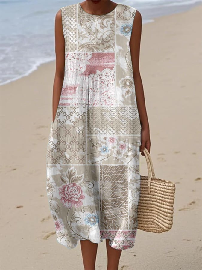 Women's Vintage Botanical Floral Patchwork Art Print With Pockets Dress